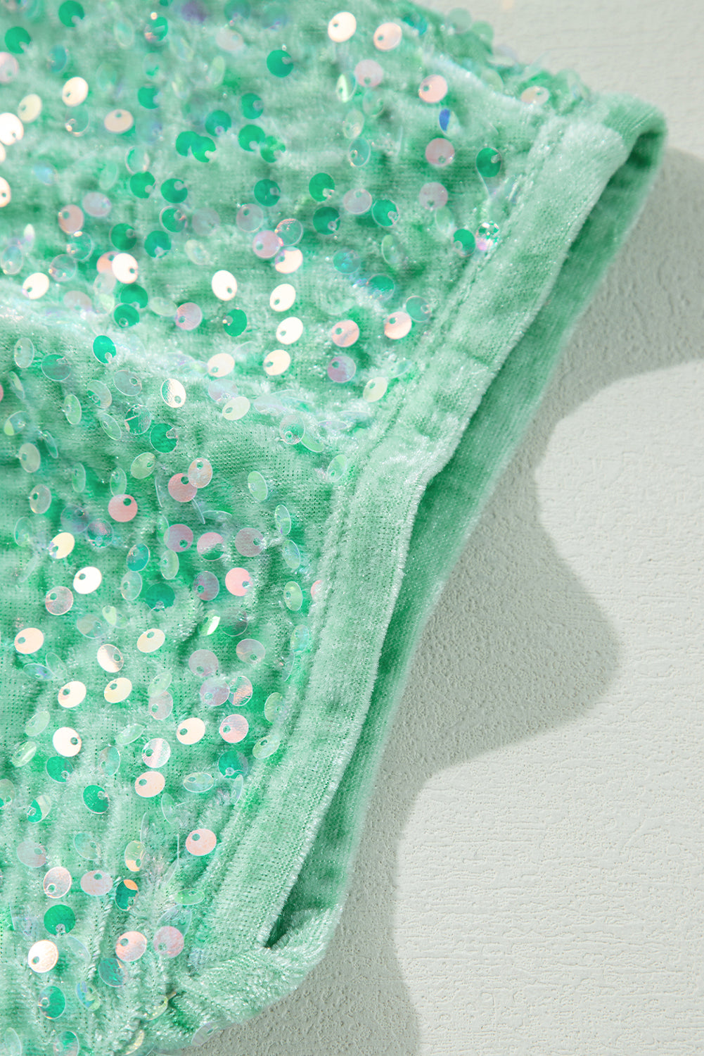 Mint Green Sequined Velour Batwing Sleeve Hi-lo V-Neck Top
