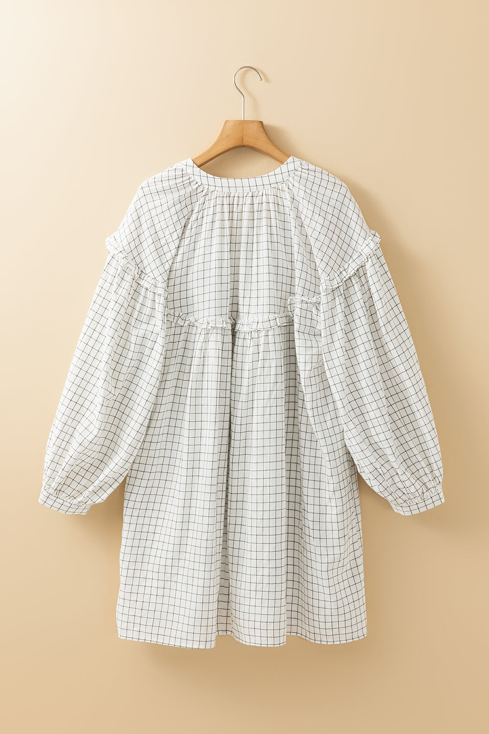 White Stripe Checkered Frilled V-Neck Bracelet Sleeve Babydoll Dress