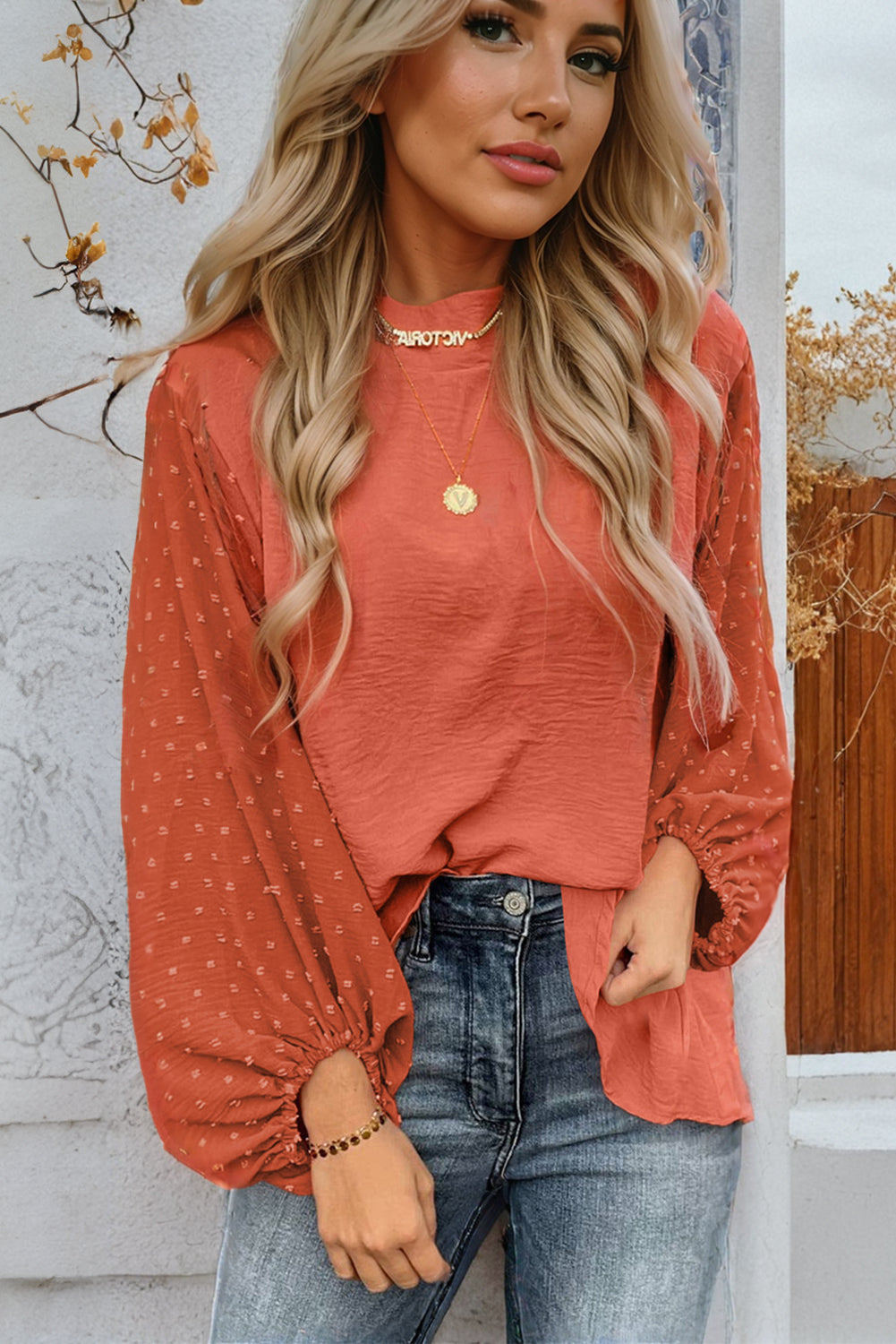 Russet Orange Swiss Dot Balloon Sleeve Mock Neck Blouse