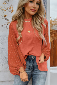 Russet Orange Swiss Dot Balloon Sleeve Mock Neck Blouse