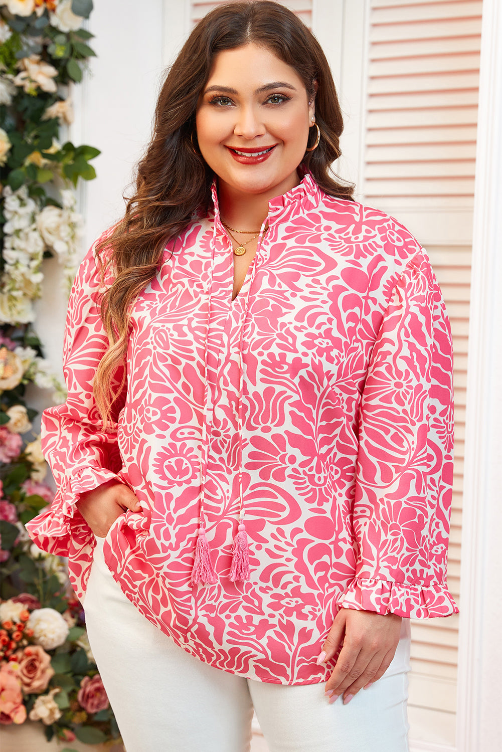 Plus Size Pink Floral Ruffly Split Mock Neck 3/4 Sleeve Blouse