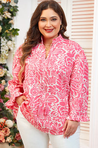 Plus Size Pink Floral Ruffly Split Mock Neck 3/4 Sleeve Blouse