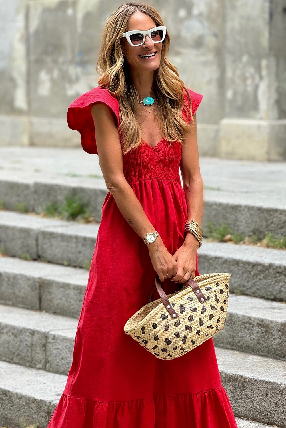 V-Neck Flutter Sleeve Smocked High Waist Ruffle Maxi Dress with Pockets