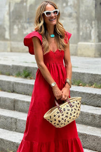 V-Neck Flutter Sleeve Smocked High Waist Ruffle Maxi Dress with Pockets