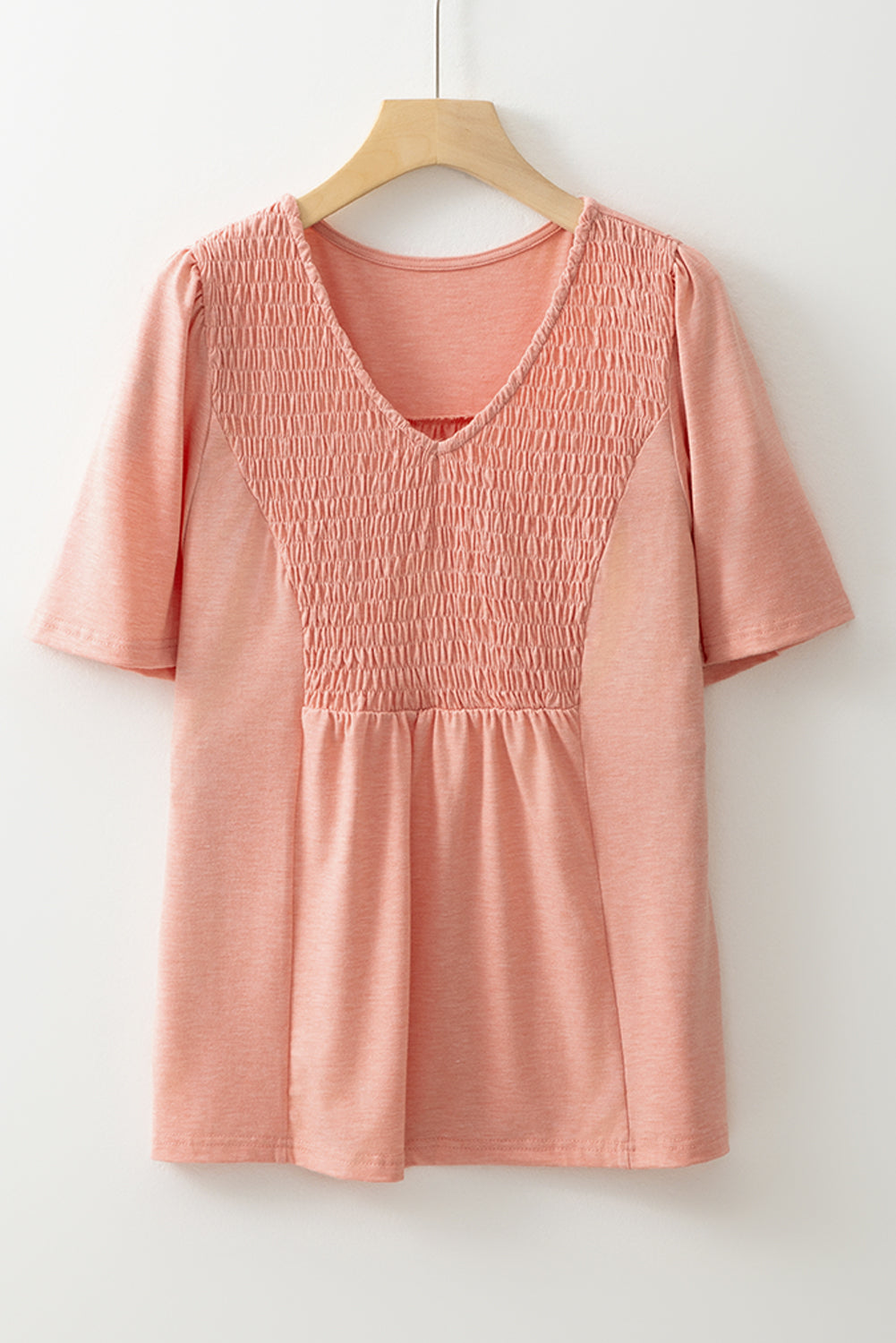 Peach Smocked V-Neck Pleated Babydoll Short Sleeve Top