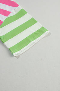 Pink and Bright Green Striped Colorblock Drop Shoulder Sleeve Tee
