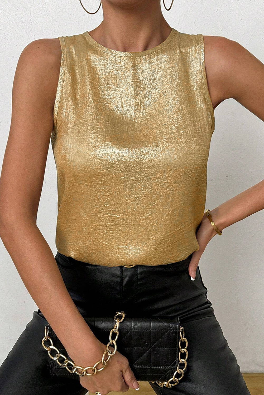 Gold Metallic Textured Round Neck Sleeveless Top