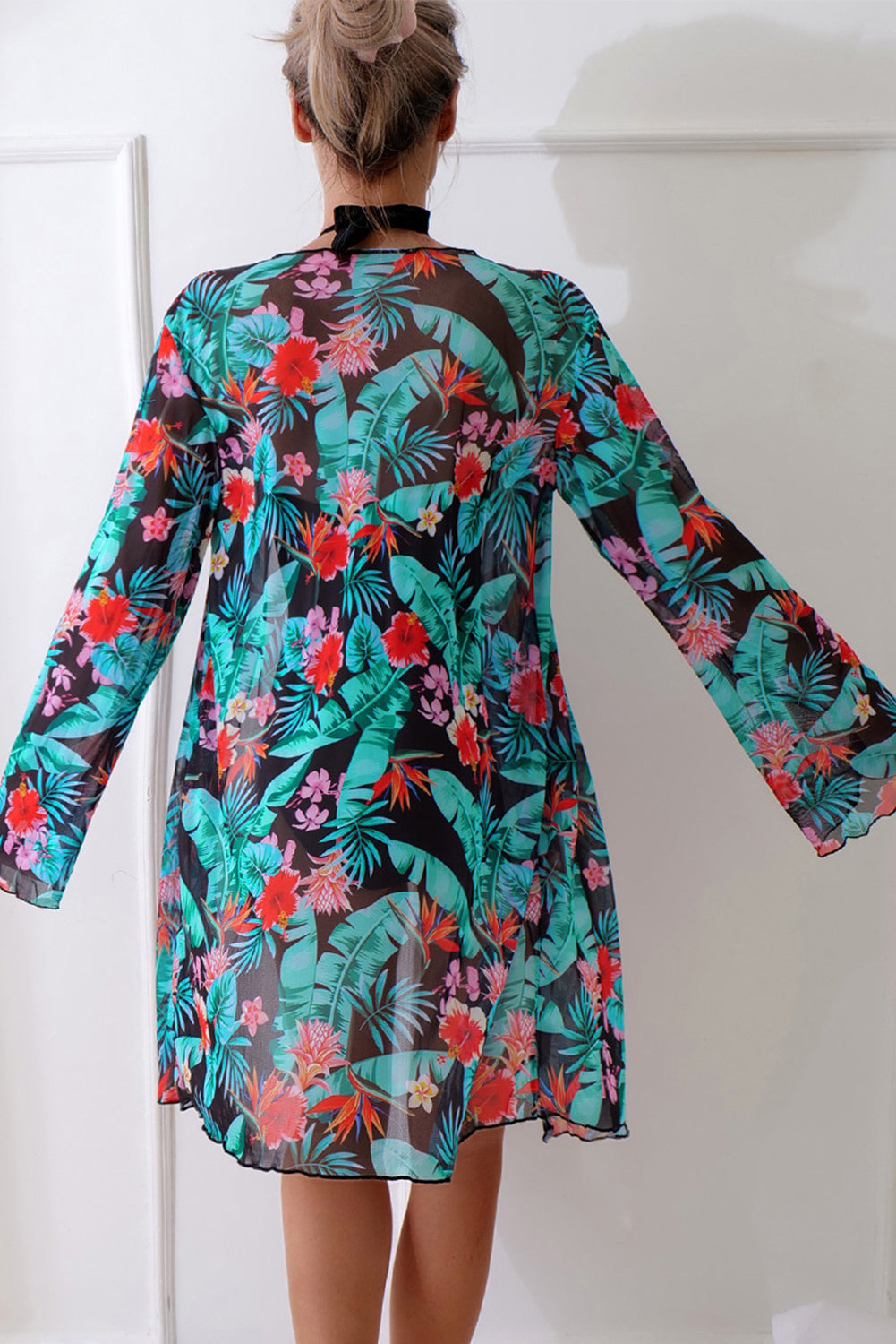 Black Halter Neck Monokini with Teal Floral Beach Cover Up