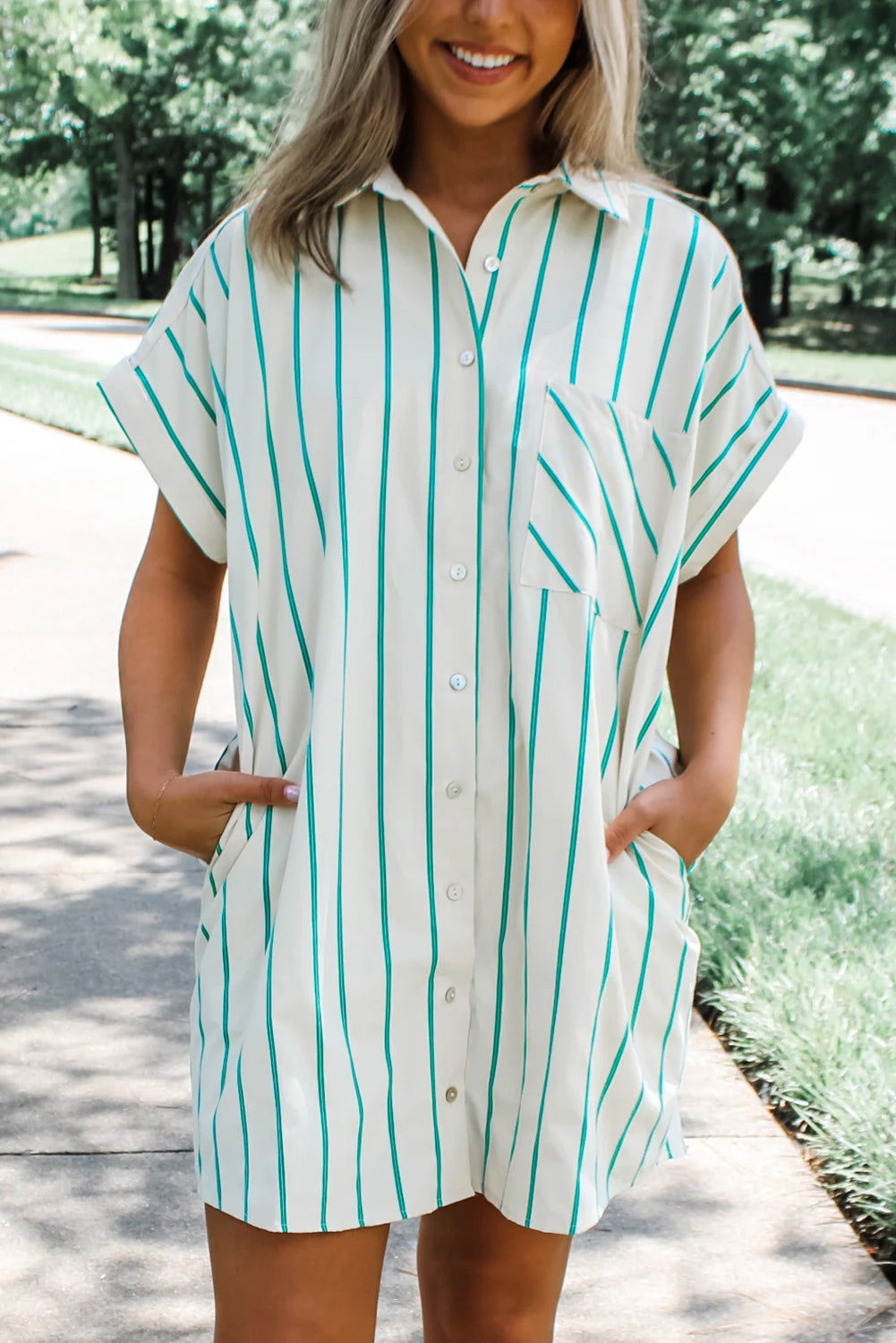 Teal Green Striped Dolman Short Sleeve Loose Mini Shirt Dress
