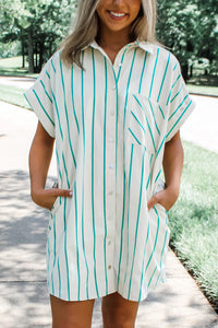 Teal Green Striped Dolman Short Sleeve Loose Mini Shirt Dress