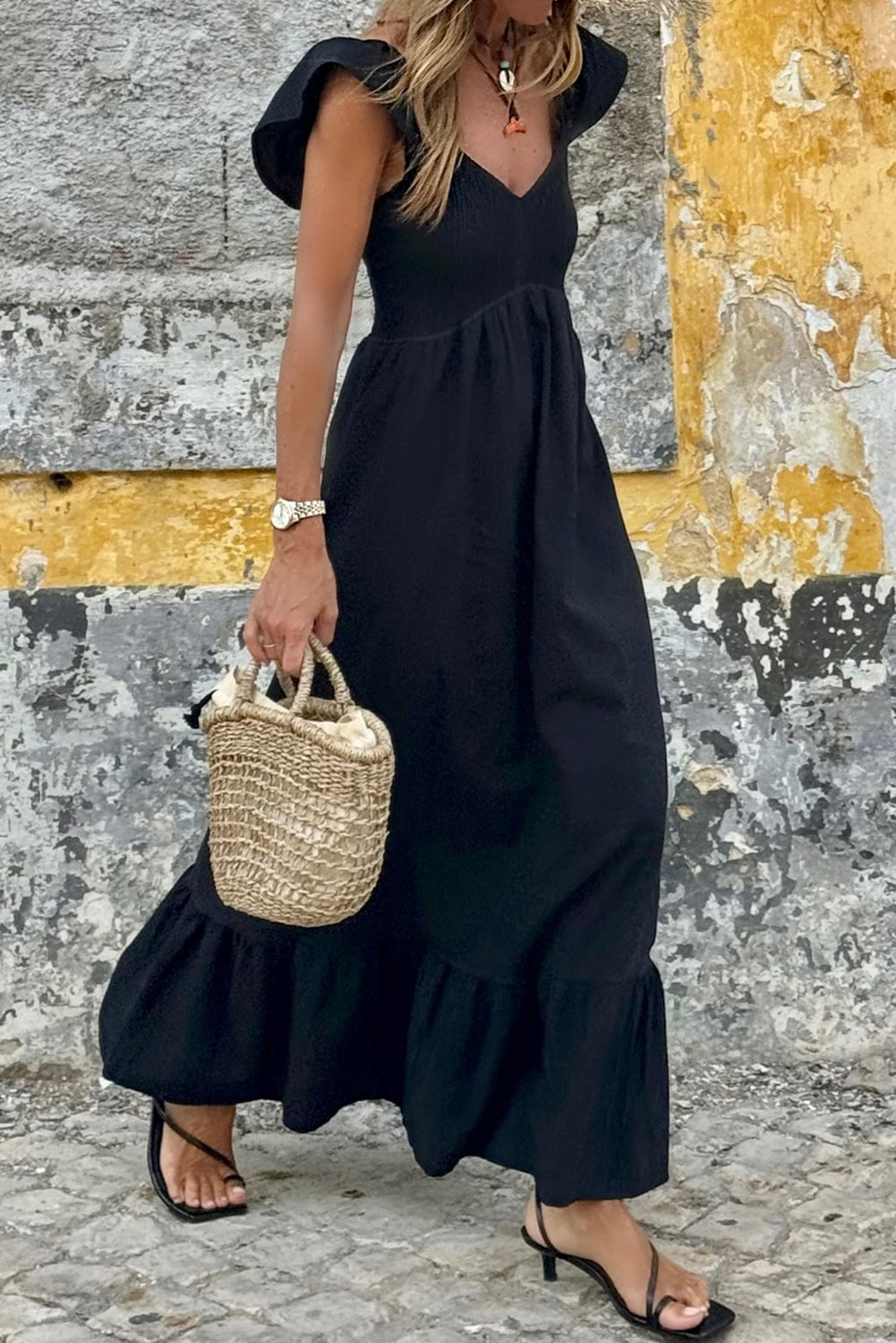 V-Neck Flutter Sleeve Smocked High Waist Ruffle Maxi Dress with Pockets