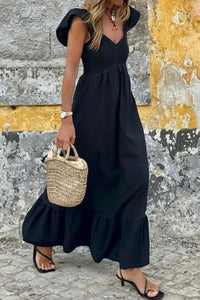 V-Neck Flutter Sleeve Smocked High Waist Ruffle Maxi Dress with Pockets