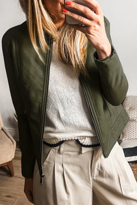 Olive Green Faux Leather Zip Up Slim Fit Bomber Jacket