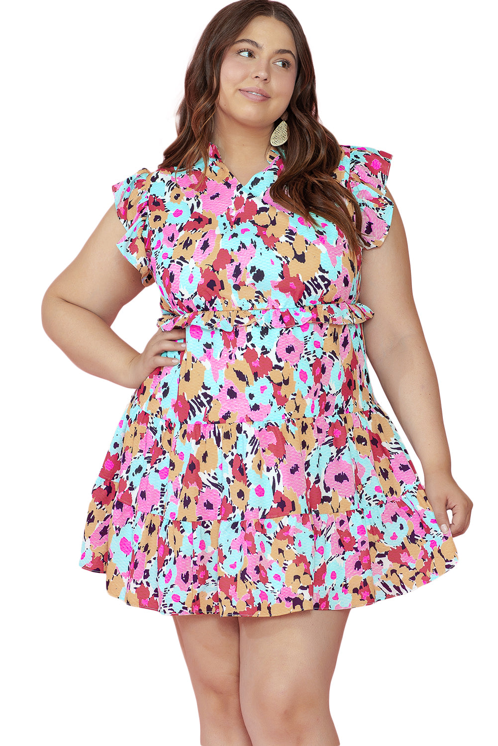 Blue and Pink Floral Ruffled Cap Sleeve Plus Size Mini Dress