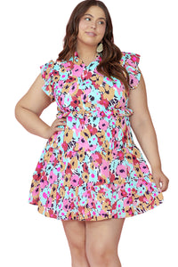 Blue and Pink Floral Ruffled Cap Sleeve Plus Size Mini Dress