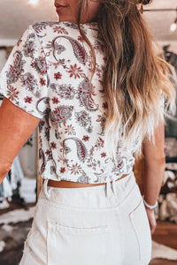 White Burgundy Vintage Paisley Print Crew Neck Mesh Sheer Tee