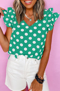 Polka Dot Print V-Neck Ruffled Flutter Sleeve Blouse
