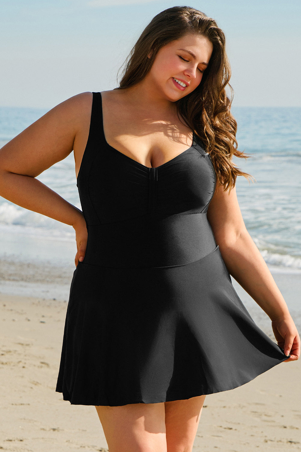 Black Plus Size Ruffled Sweetheart Neckline One-Piece Swim Dress