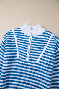 Bright Blue & White Stripe 1/4 Zip Mock Collar Knit Sweater