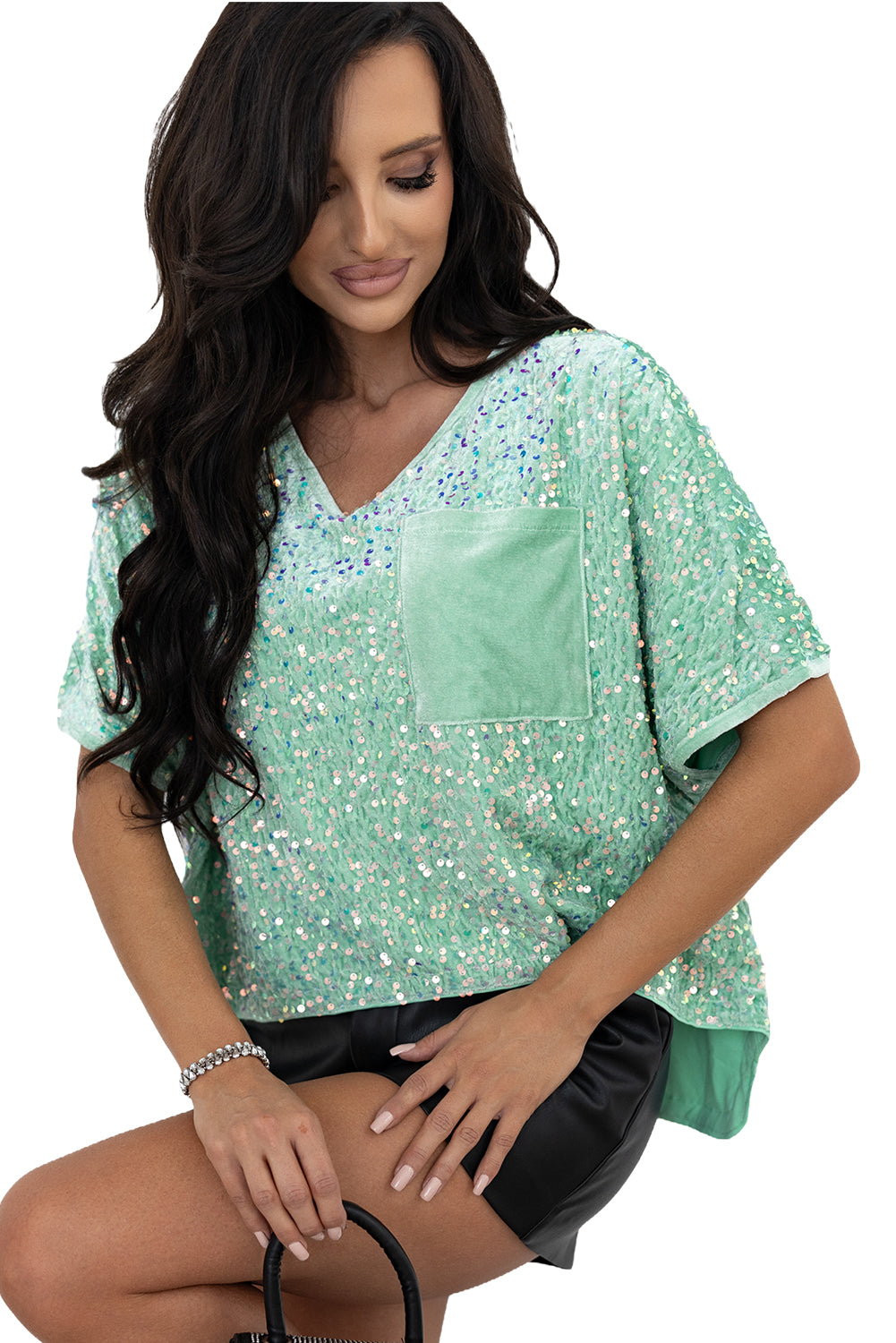 Mint Green Sequined Velour Batwing Sleeve Hi-lo V-Neck Top