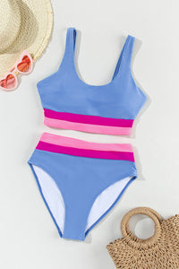 Light Blue and Pink Colorblock High Waisted Bikini Swimsuit