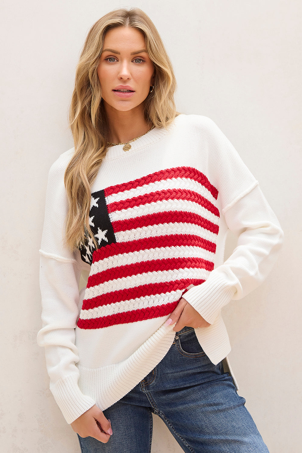 White American Flag Cable Knit Sweater