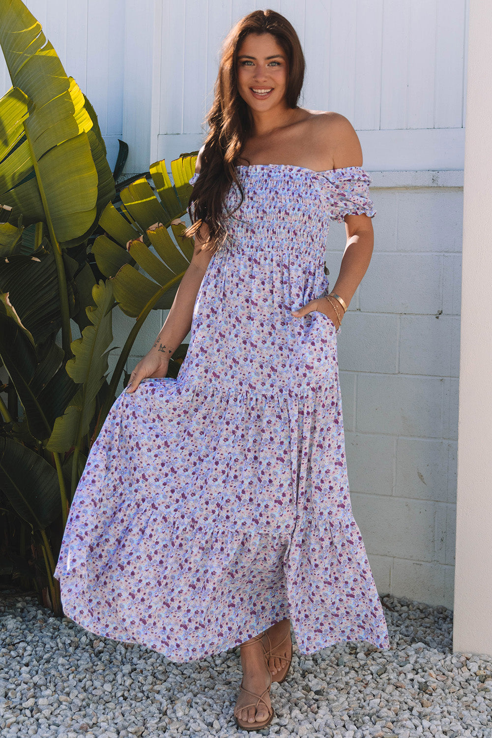 Lavender Floral Ruffly Short Sleeve Smocked Maxi Dress