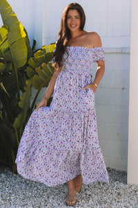 Lavender Floral Ruffly Short Sleeve Smocked Maxi Dress