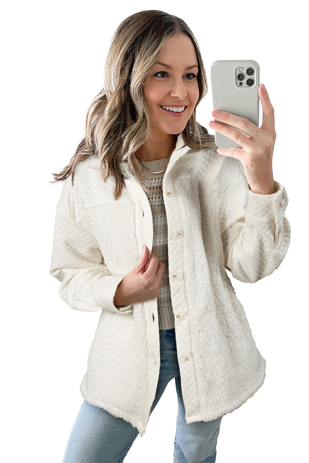 White Quilted Sherpa Patchwork Button Up Shacket