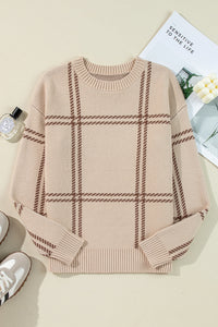 Beige Window Pane Plaid Drop Shoulder Knit Sweater