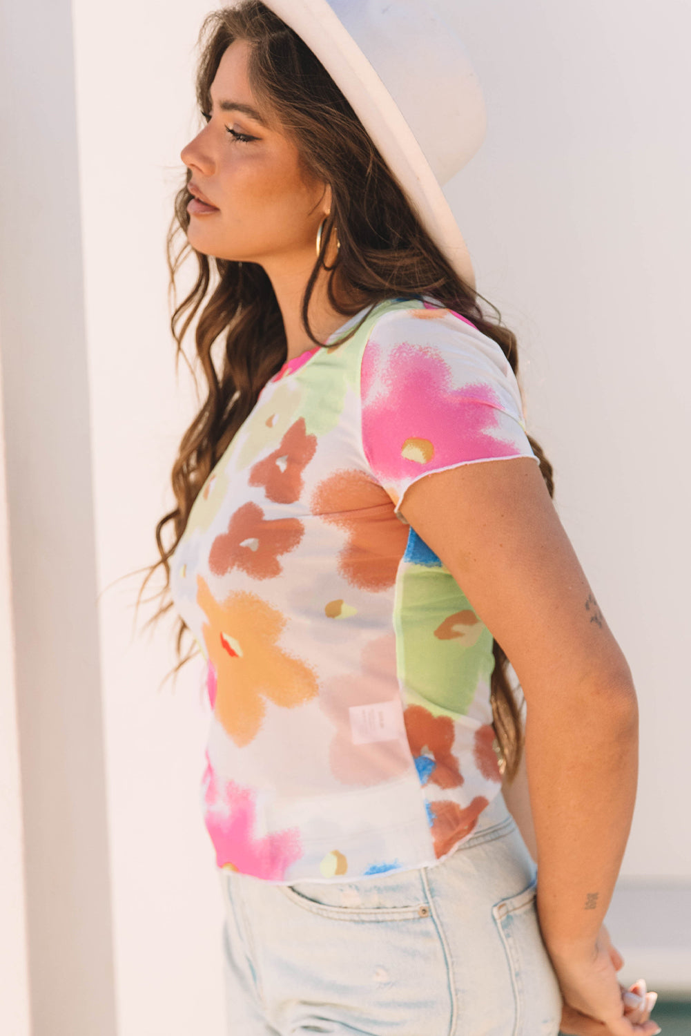 Multi Color Floral Sheer Mesh Cropped Tee