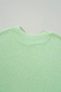 Spring Green Ribbed Drop Shoulder Pullover Top