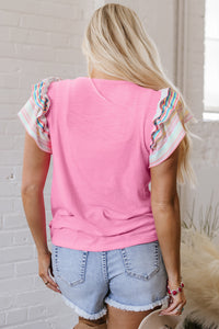 Pink Striped Ruffled Flutter Sleeve Ribbed Knit Blouse