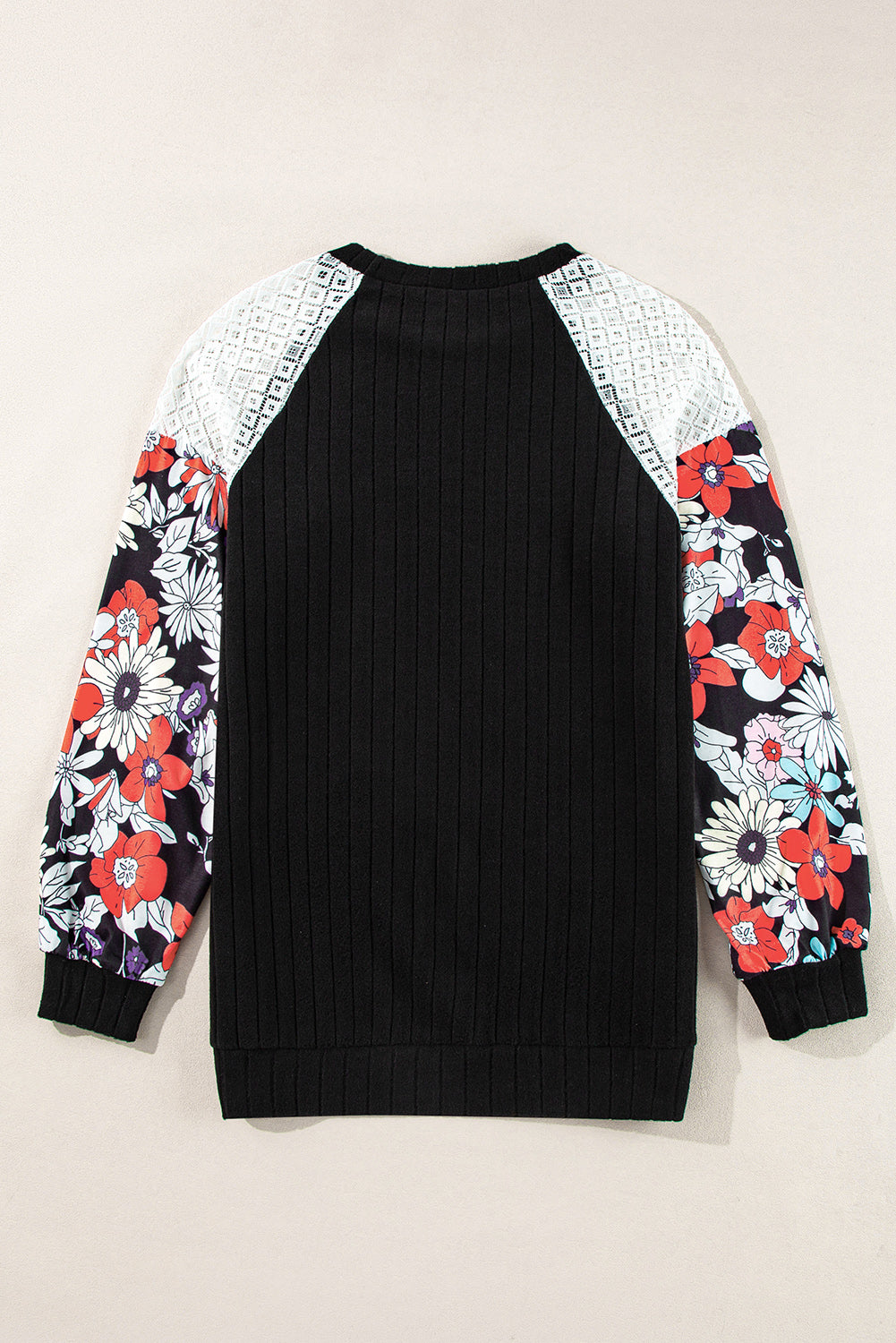 Black Floral Color Block Long Sleeve Textured Shirt