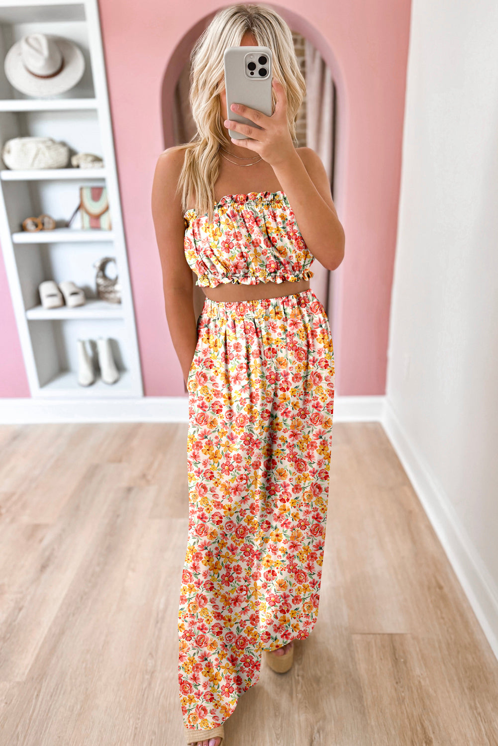 Orange Floral Bandeau Top and High Waist Wide Leg Pants Set