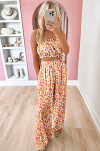 Orange Floral Bandeau Top and High Waist Wide Leg Pants Set