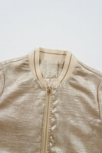 Khaki Metallic Zip Up Baseball Jacket