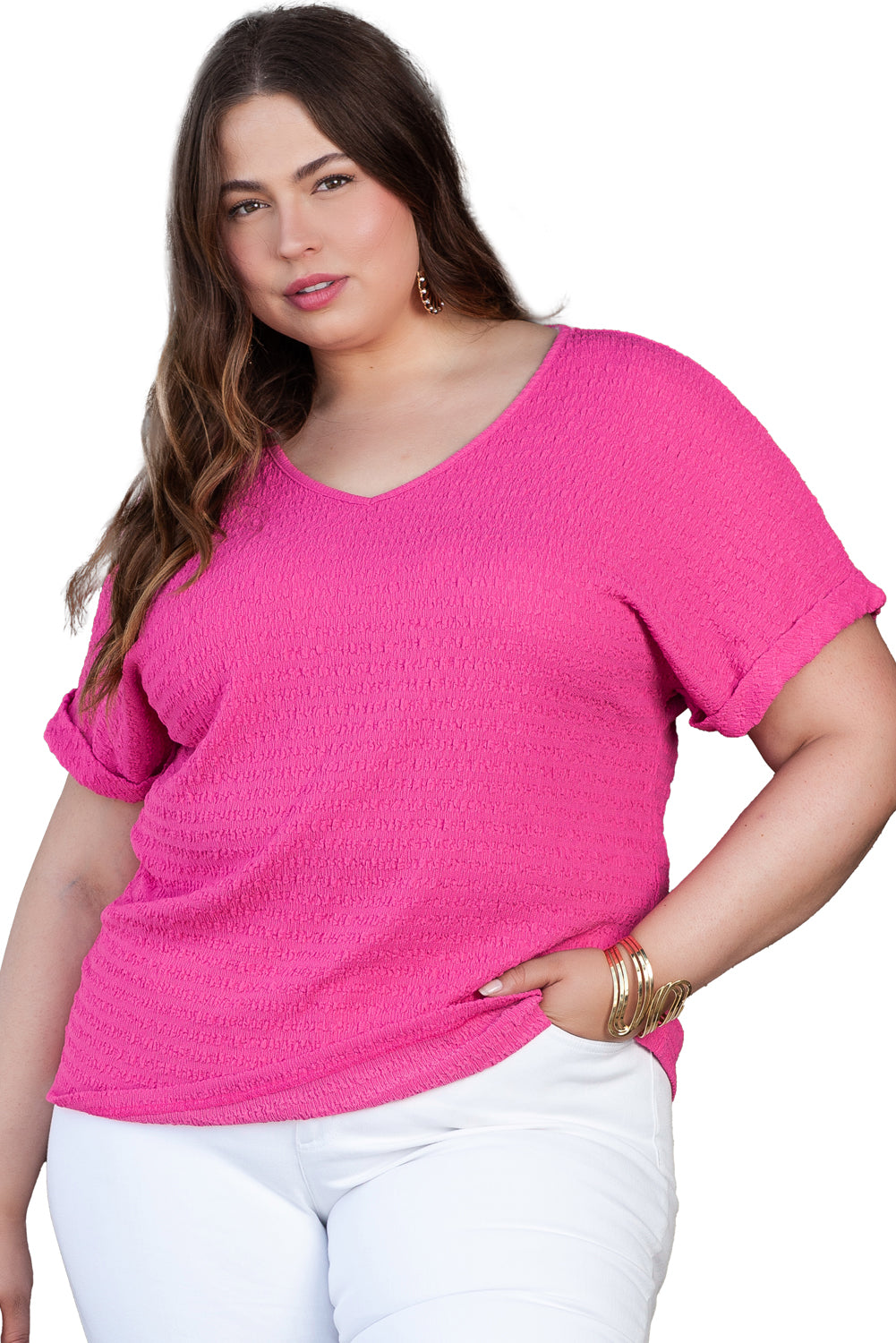 Bright Pink Plus Size Textured Short Sleeve V-Neck Shirt