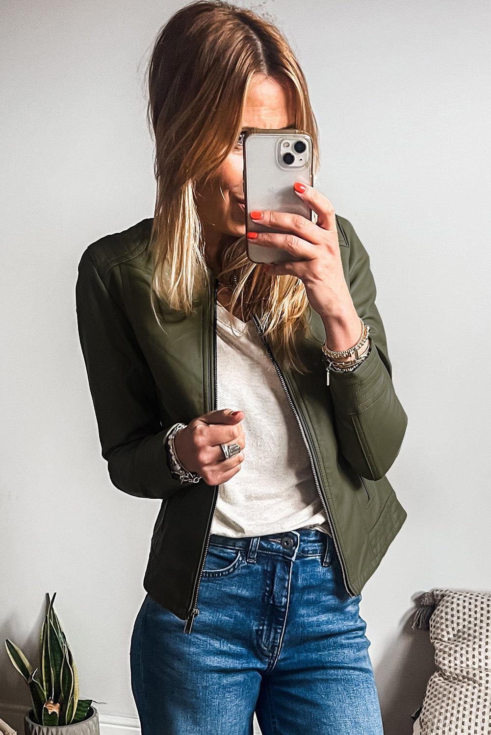 Olive Green Faux Leather Zip Up Slim Fit Bomber Jacket