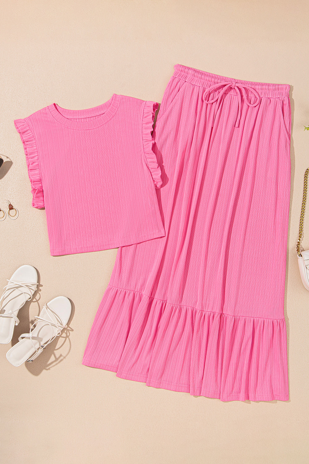 Pink Textured Ruffle Crop Top and Long Skirt Two Piece Set