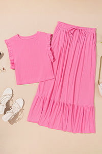 Pink Textured Ruffle Crop Top and Long Skirt Two Piece Set
