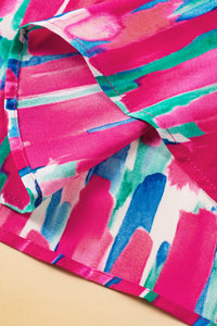 Pink Plus Size Brushstroke Ruffle Sleeve Button V-Neck Blouse