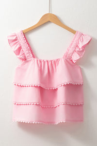 Pink Tiered Heart Trim Square Neck Flutter Sleeve Tank