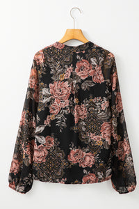 Black Floral Print Cross Over V-Neck Balloon Sleeve Blouse