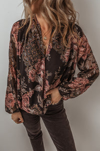Black Floral Print Cross Over V-Neck Balloon Sleeve Blouse