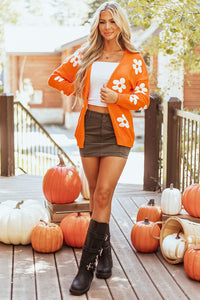 Orange Floral Print Open Front Loose Knit Lightweight  Cardigan Sweater