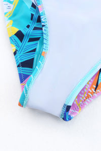 Caribbean Blue Tropical Print Ruffled Square Neck High Waist Swimsuit