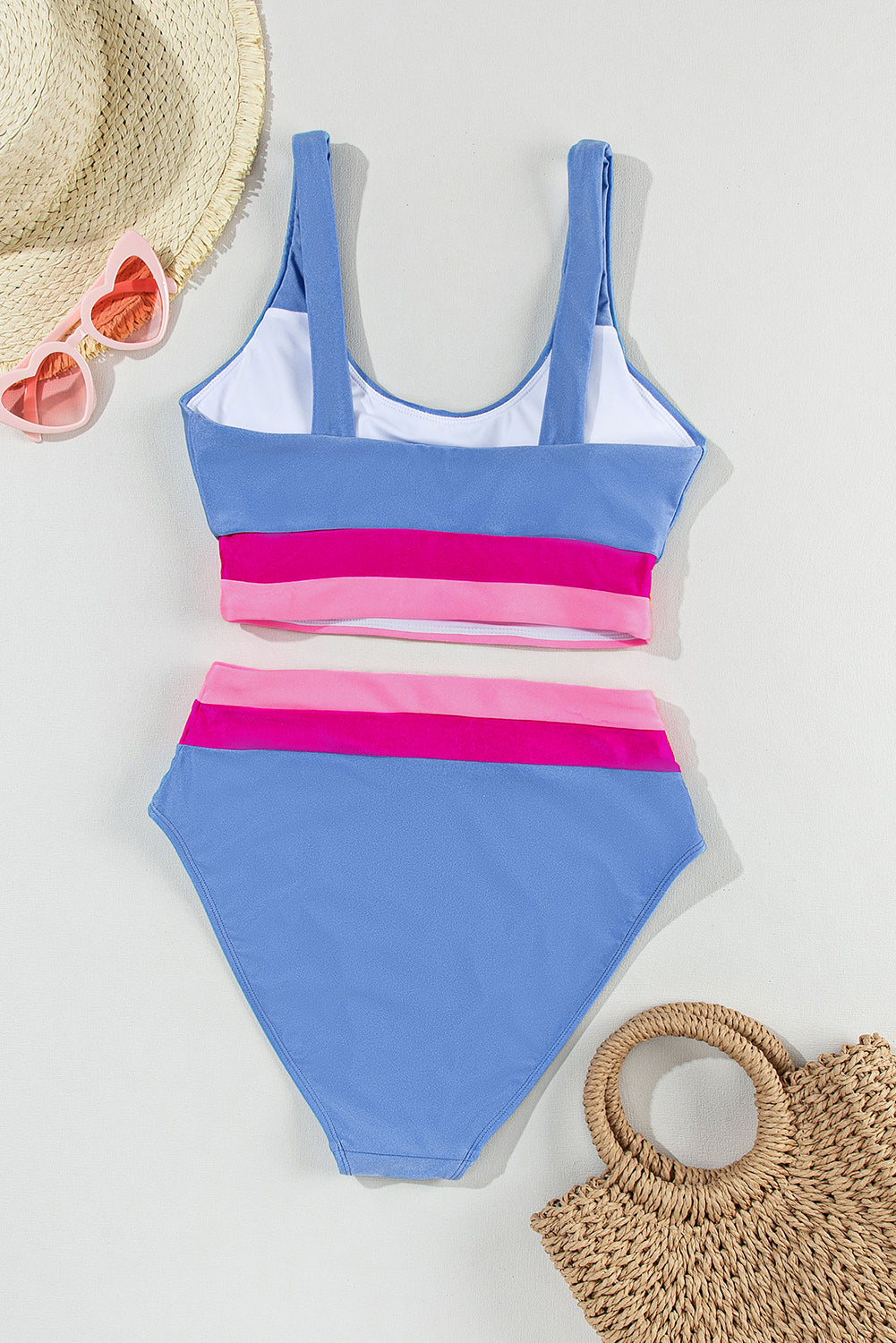 Light Blue and Pink Colorblock High Waisted Bikini Swimsuit