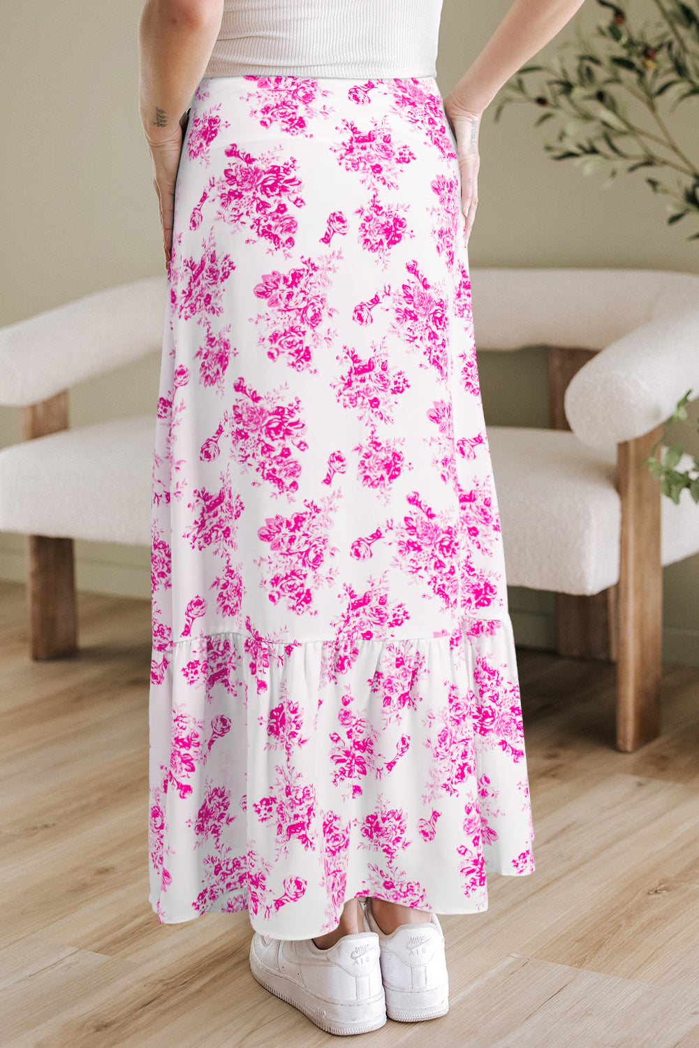 Country Floral High Waist Ruffle Split Maxi Skirt
