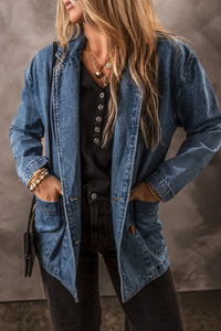 Medium Wash Side Pockets Lapel Collar 2-Button Denim Jacket